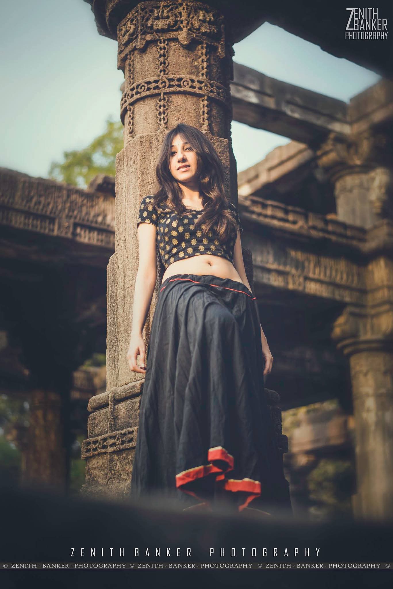 Full-length outdoor portrait of Dhwani Dalal for a model portfolio shoot with soft natural lighting.
