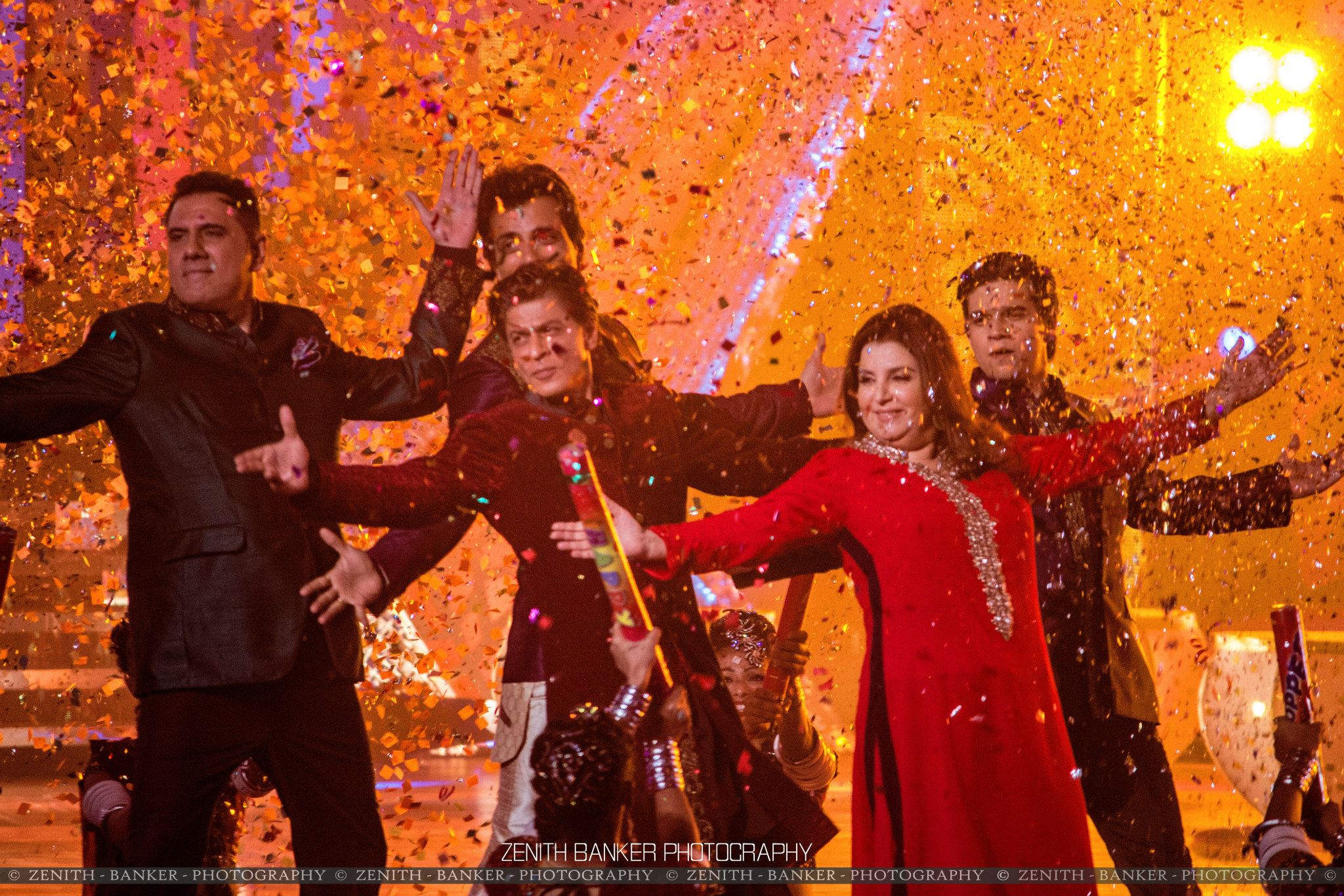 Bollywood star cast of Happy New Year (2014) at their film promotion event in Ahmedabad.