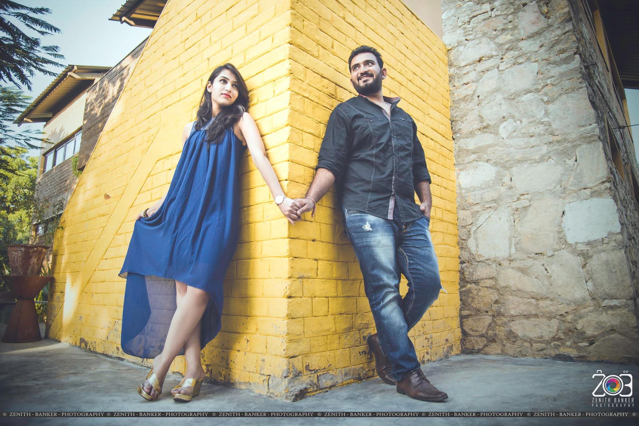 Jainish and Janki posing for a pre-wedding portrait captured at an outdoor location in Ahmedabad