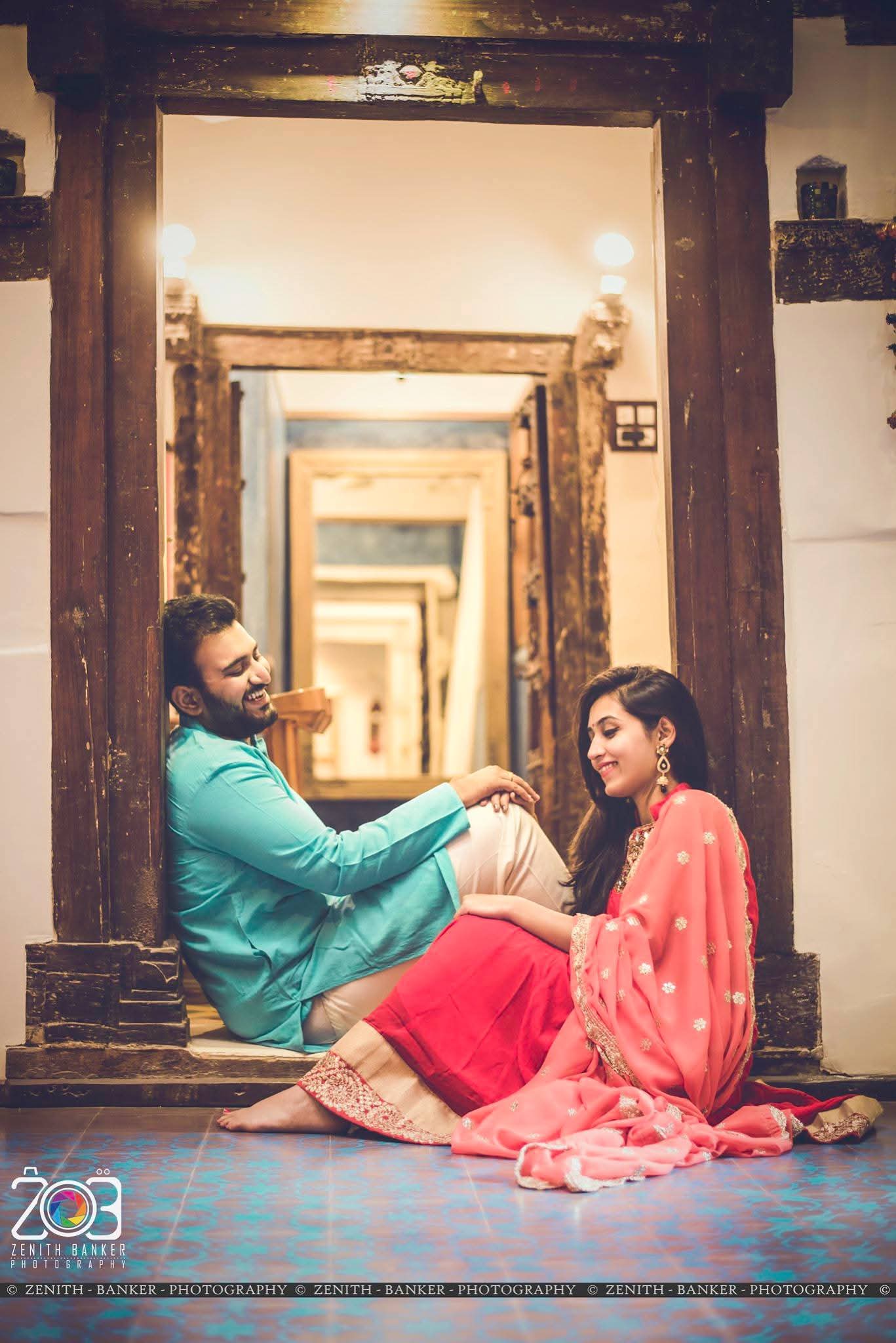 Jainish and Janki posing for a pre-wedding portrait captured at an outdoor location in Ahmedabad