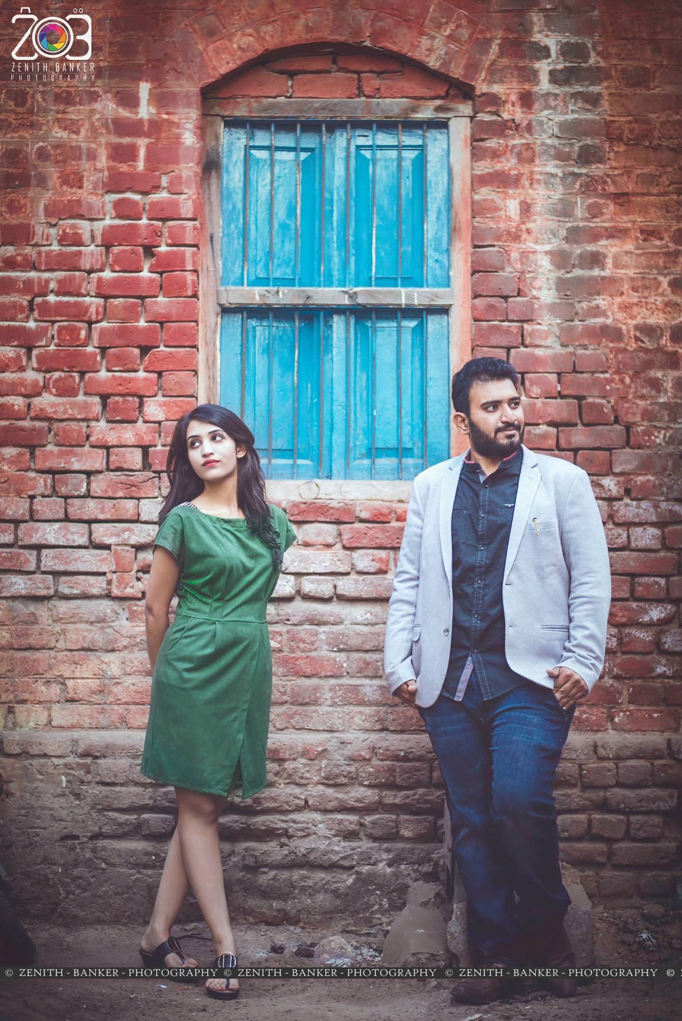 Jainish and Janki posing for a pre-wedding portrait captured at an outdoor location in Ahmedabad