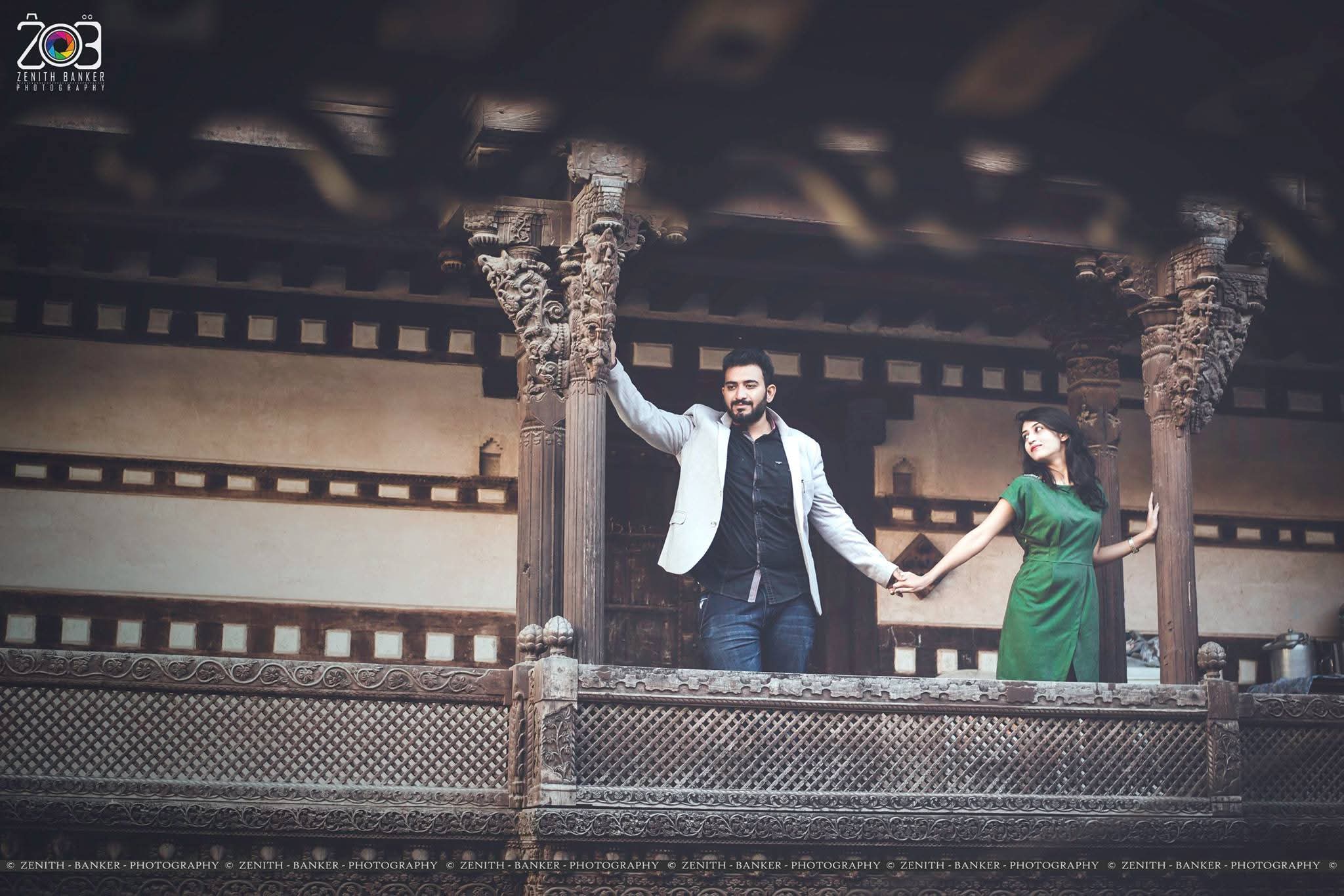 Jainish and Janki posing for a pre-wedding portrait captured at an outdoor location in Ahmedabad