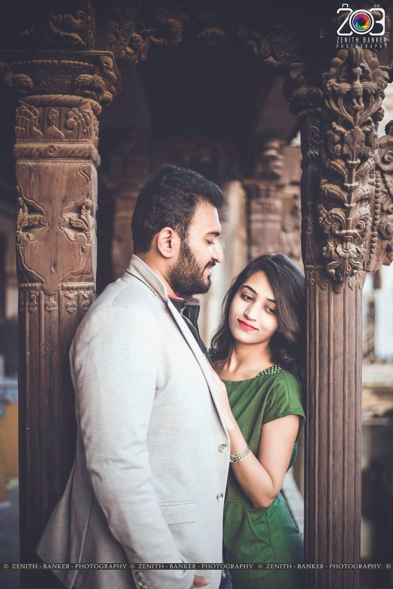 Jainish and Janki posing for a pre-wedding portrait captured at an outdoor location in Ahmedabad