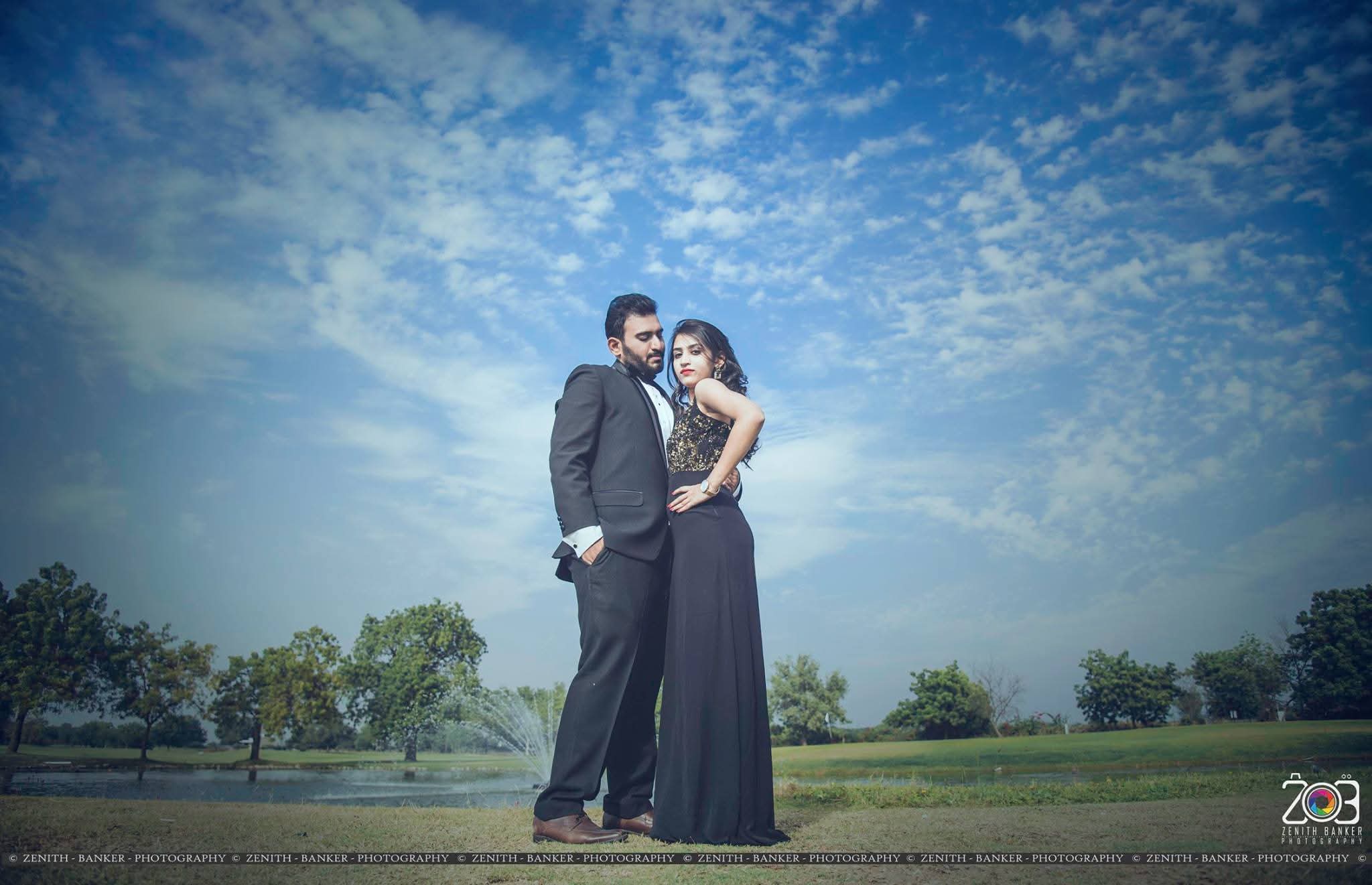 Jainish and Janki posing for a pre-wedding portrait captured at an outdoor location in Ahmedabad