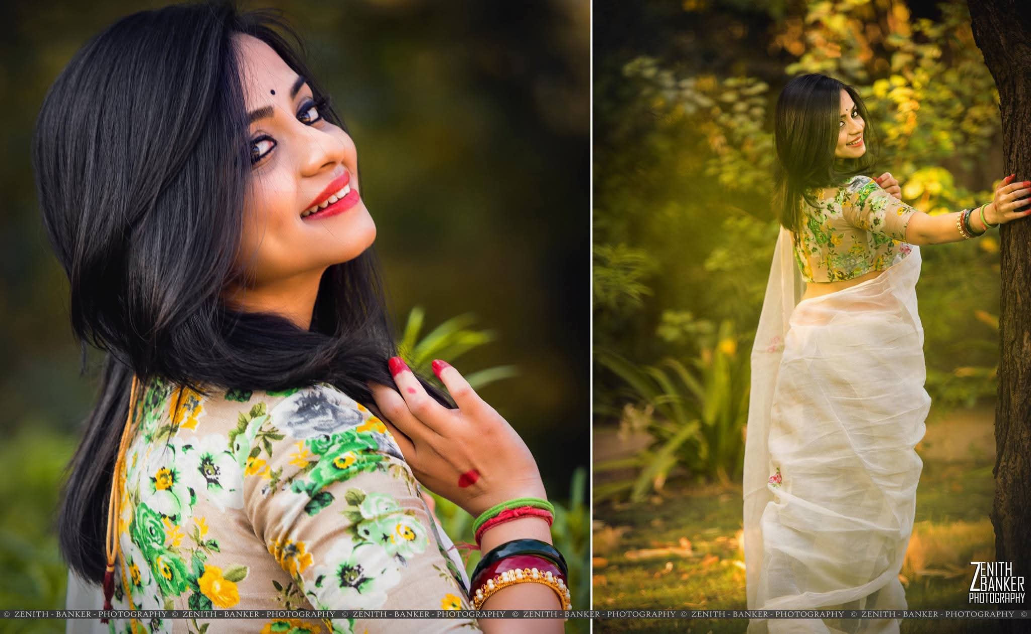 Radhika Barot posing casually in denim against a plain backdrop for a model portfolio shoot.